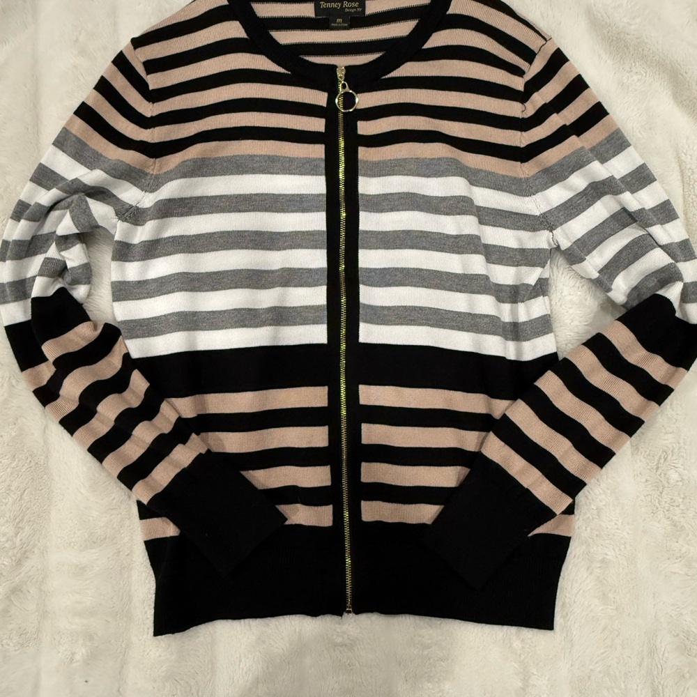 Stylish Women's Striped Cardigan - Black, White, Tan